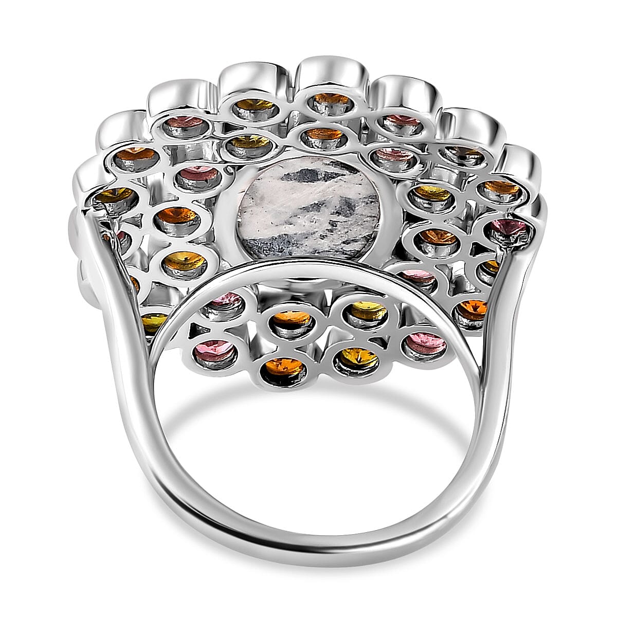 White Buffalo and Multi-Tourmaline Cluster Ring in Platinum Overlay Sterling Silver 9.16 Ct.