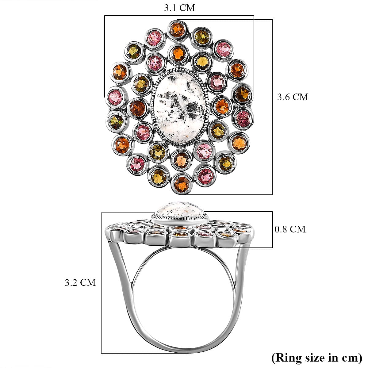 White Buffalo and Multi-Tourmaline Cluster Ring in Platinum Overlay Sterling Silver 9.16 Ct.