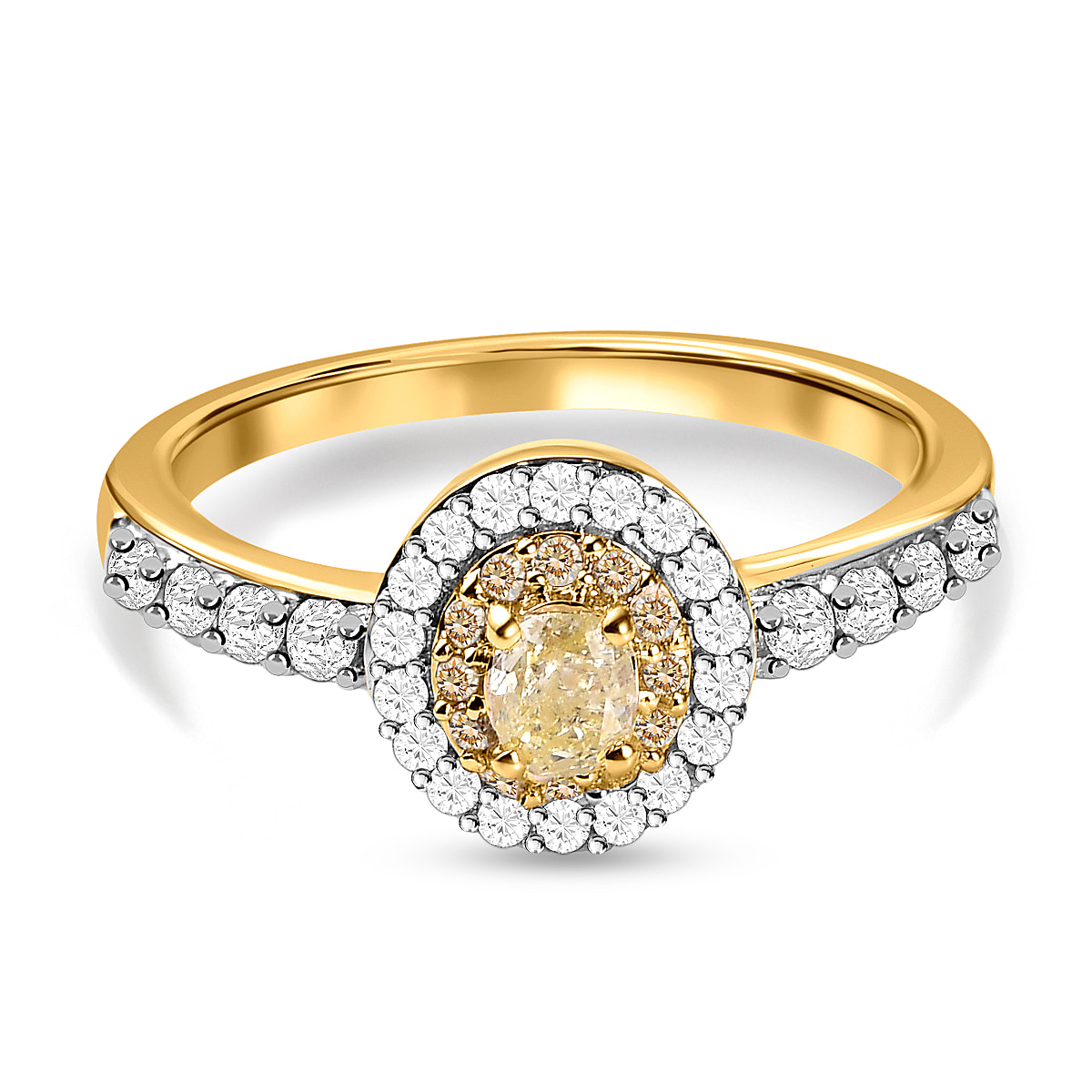 9K Yellow Gold SGL Certified Natural Yellow Diamond and Diamond I3 GH Cluster Ring 0.75 Ct