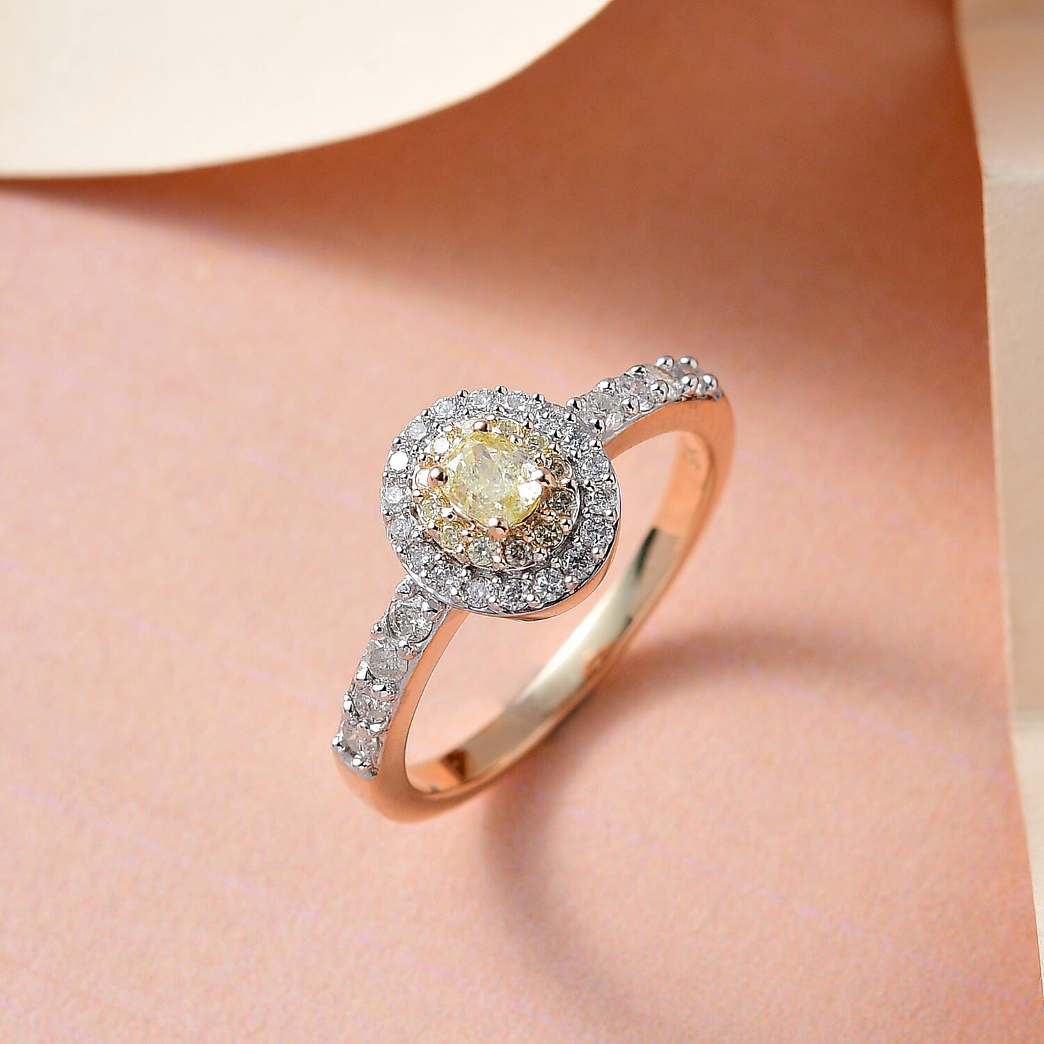 9K Yellow Gold SGL Certified Natural Yellow Diamond & Diamond  Ring 0.75 Ct.