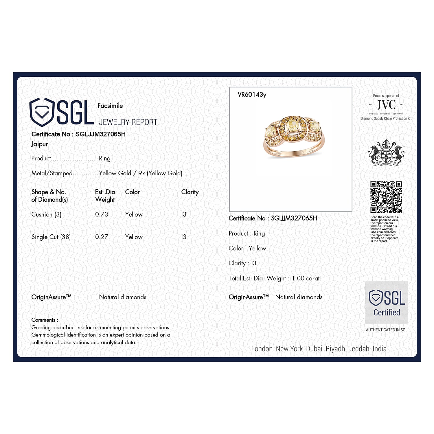 9K Yellow Gold SGL Certified Natural Yellow Diamond Ring 1.00 Ct.