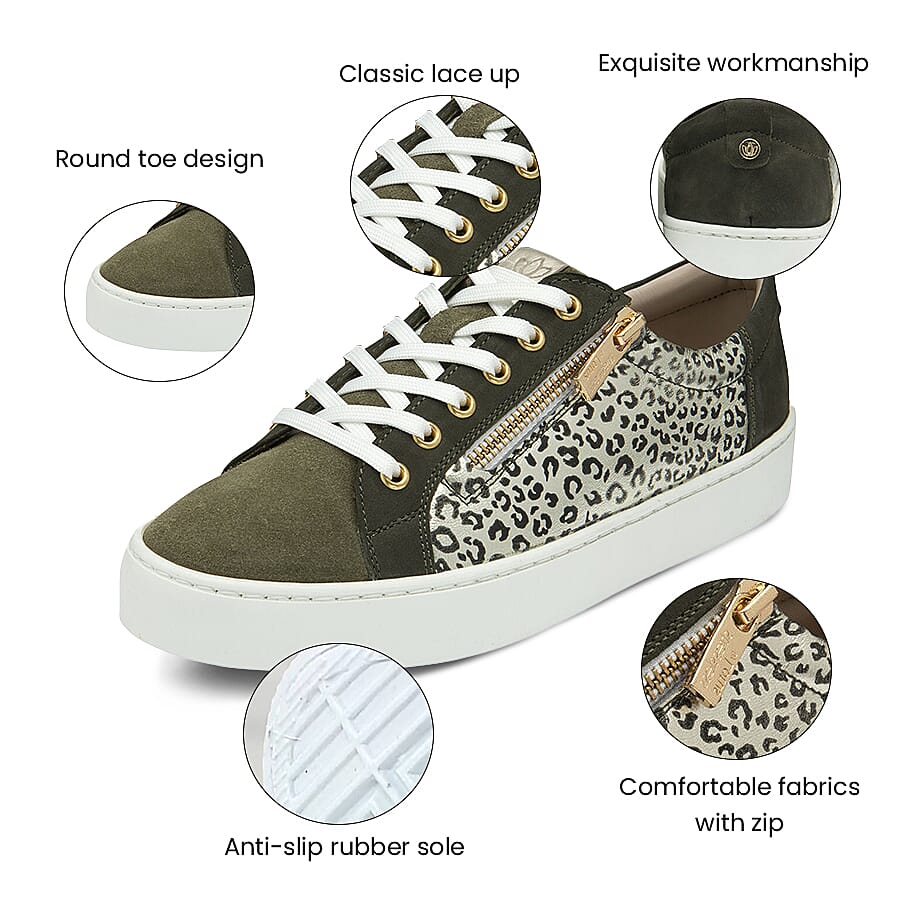 Lotus Leopard Pattern Sky Casual Trainers with Functional Outside Zip (Size 3) - Khaki