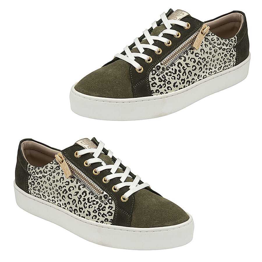 Lotus Leopard Pattern Sky Casual Trainers with Functional Outside Zip (Size 3) - Khaki