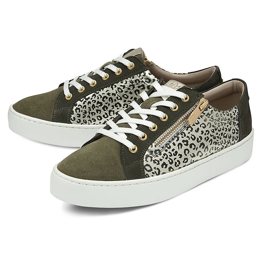 Lotus Leopard Pattern Sky Casual Trainers with Functional Outside Zip (Size 3) - Khaki
