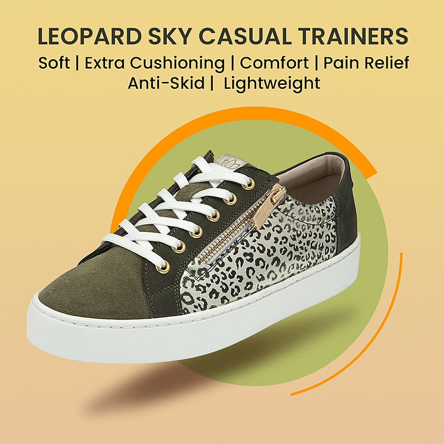 Lotus Leopard Pattern Sky Casual Trainers with Functional Outside Zip (Size 3) - Khaki