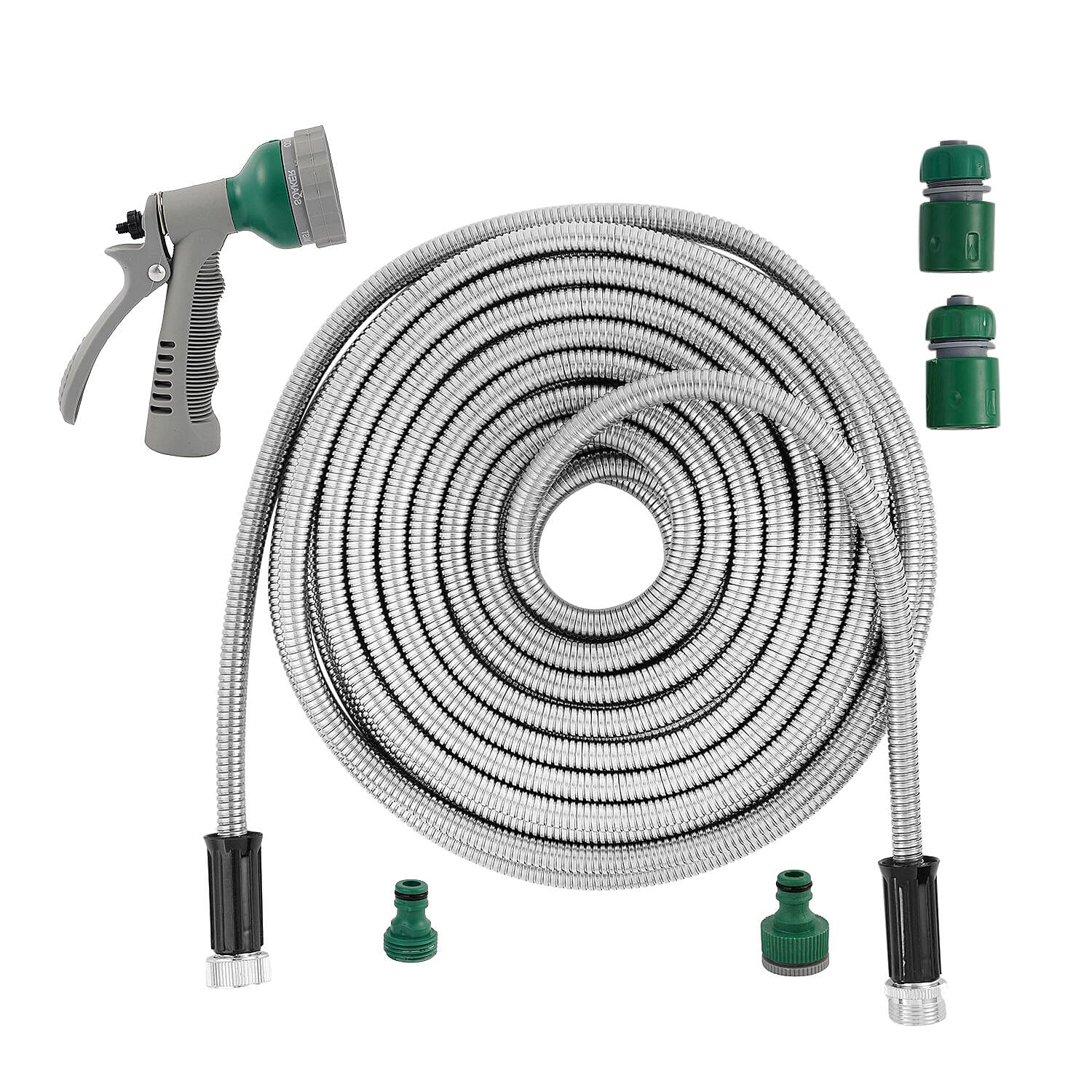 Stainless Steel Super Durable Kink Free Metal Garden Hose 50 ft PLUS 6 Mode Multi Spray Head - Jet, Shower, Flat, Center, Cone and Mist