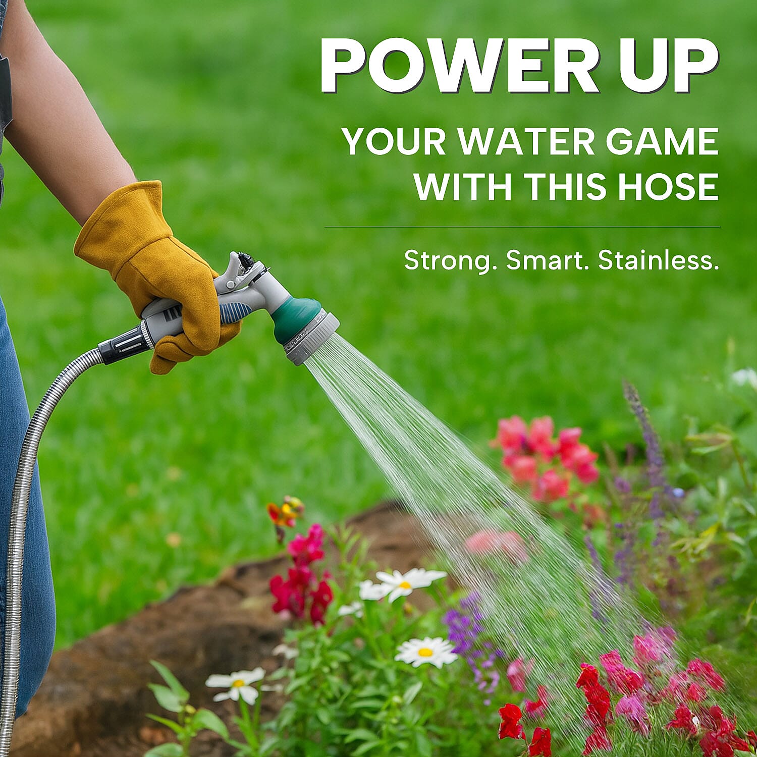 Stainless Steel Super Durable Kink Free Metal Garden Hose 50 ft PLUS 6 Mode Multi Spray Head - Jet, Shower, Flat, Center, Cone and Mist