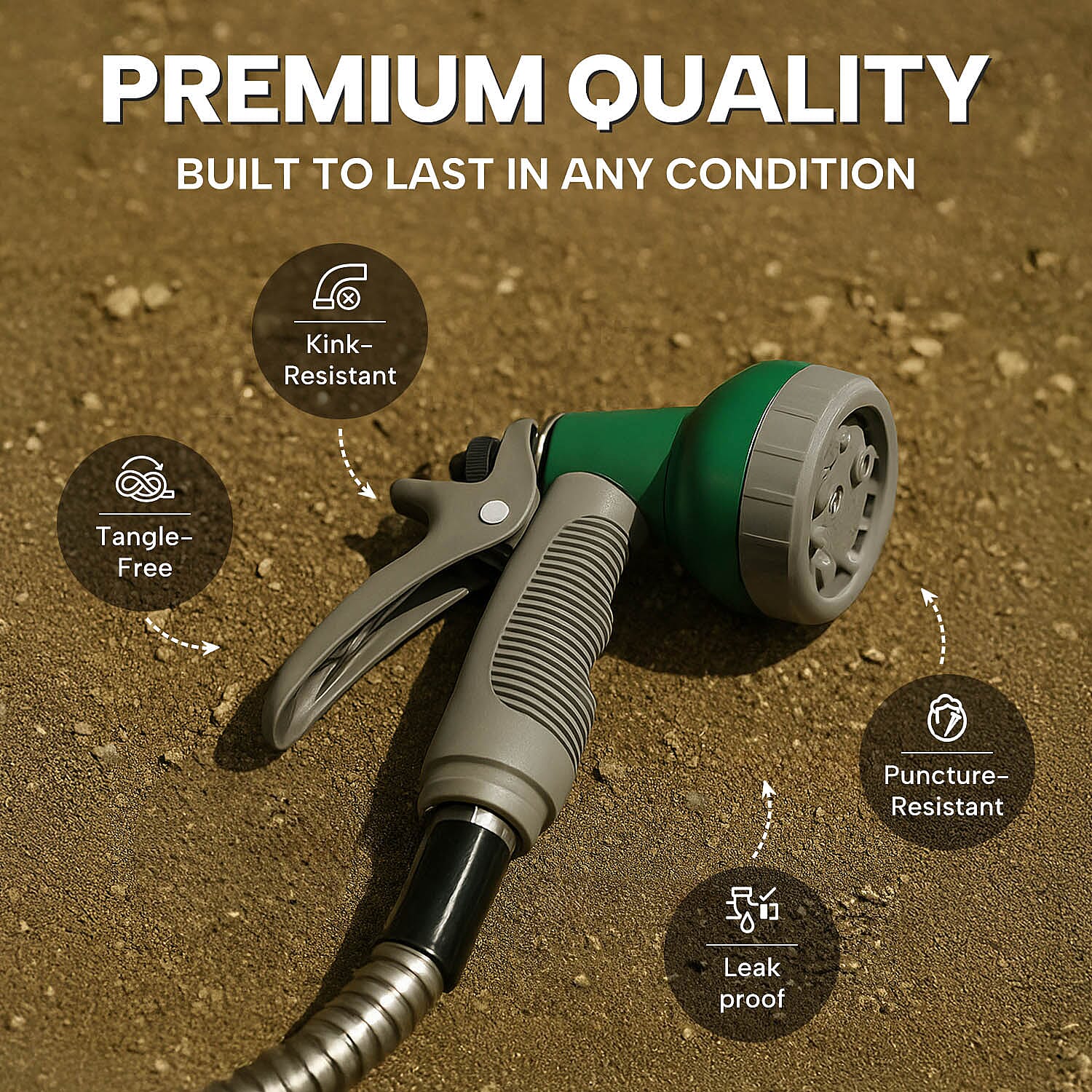 Stainless Steel Super Durable Kink Free Metal Garden Hose 50 ft PLUS 6 Mode Multi Spray Head - Jet, Shower, Flat, Center, Cone and Mist