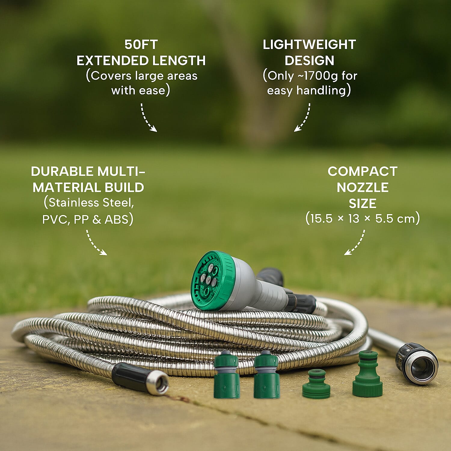 Stainless Steel Super Durable Kink Free Metal Garden Hose 50 ft PLUS 6 Mode Multi Spray Head - Jet, Shower, Flat, Center, Cone and Mist