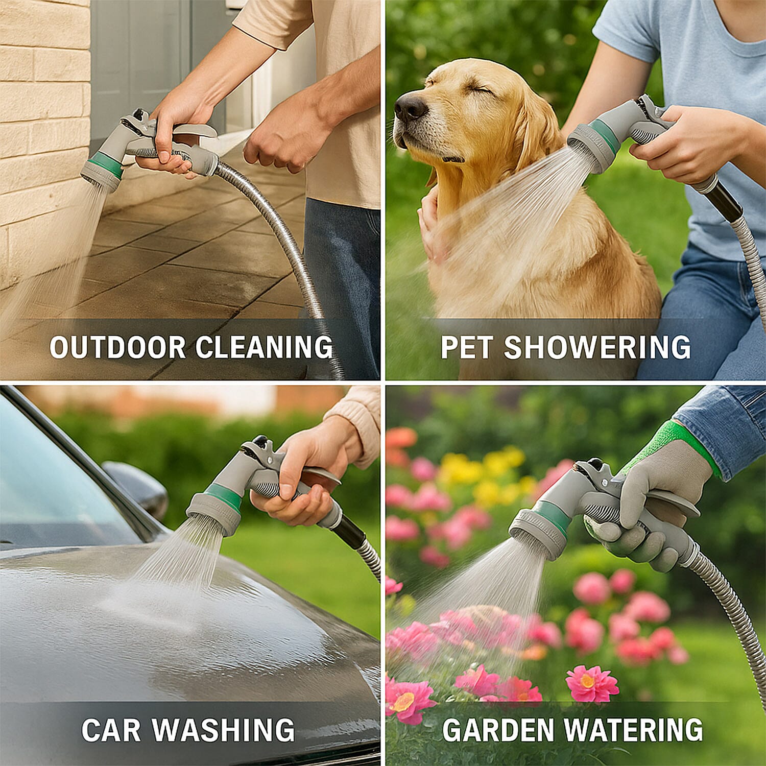 Stainless Steel Super Durable Kink Free Metal Garden Hose 50 ft PLUS 6 Mode Multi Spray Head - Jet, Shower, Flat, Center, Cone and Mist