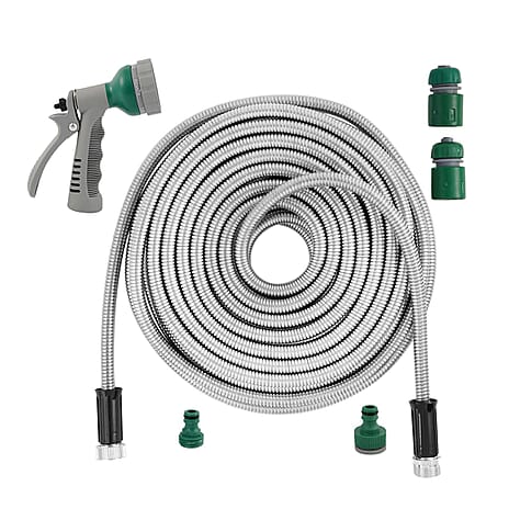 Stainless Steel Super Durable Metal Garden Hose with Sprinkler (50ft)