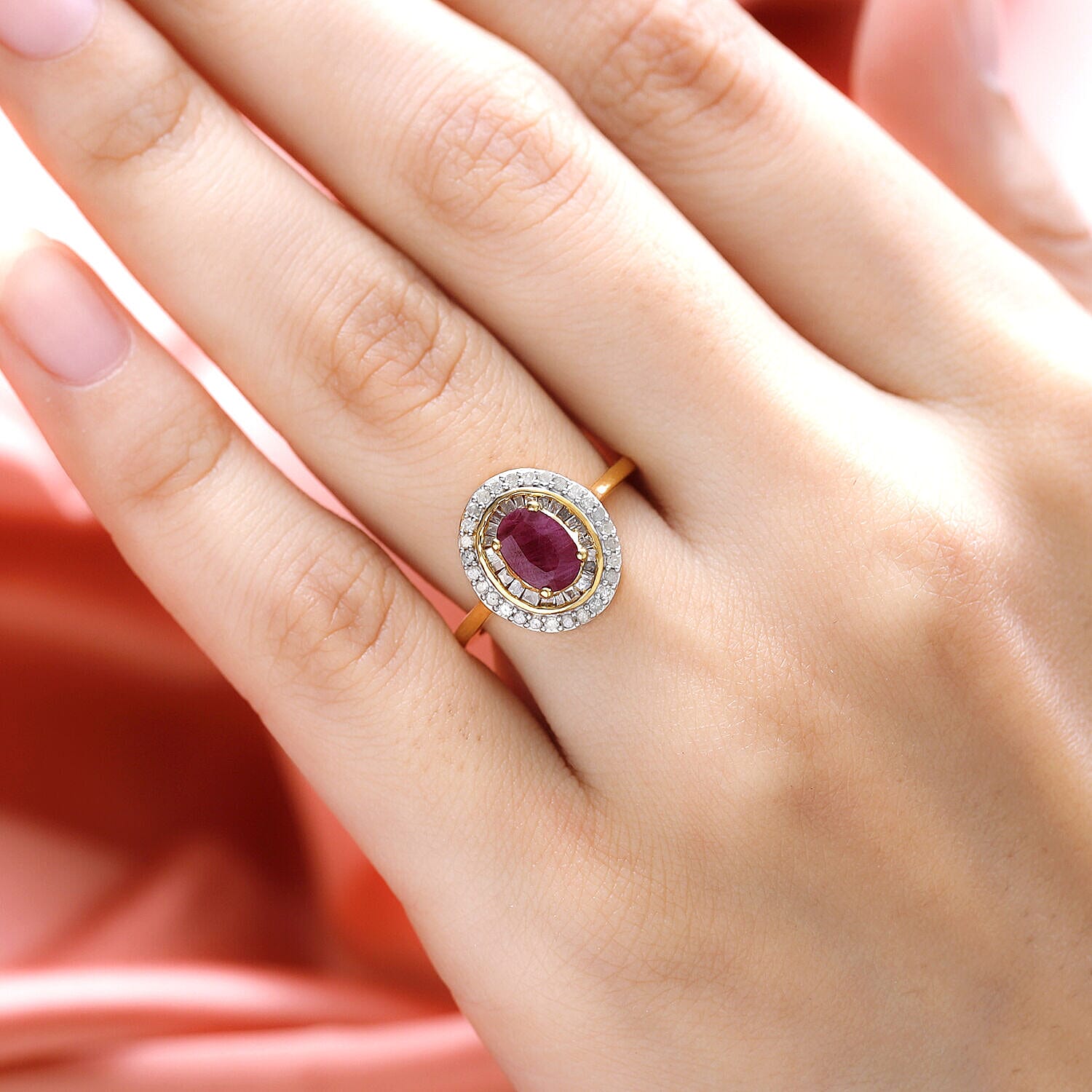 Ruby and Diamond Cluster Ring in 18K Vermeil Yellow Gold Plated Sterling Silver 1.50 Ct.