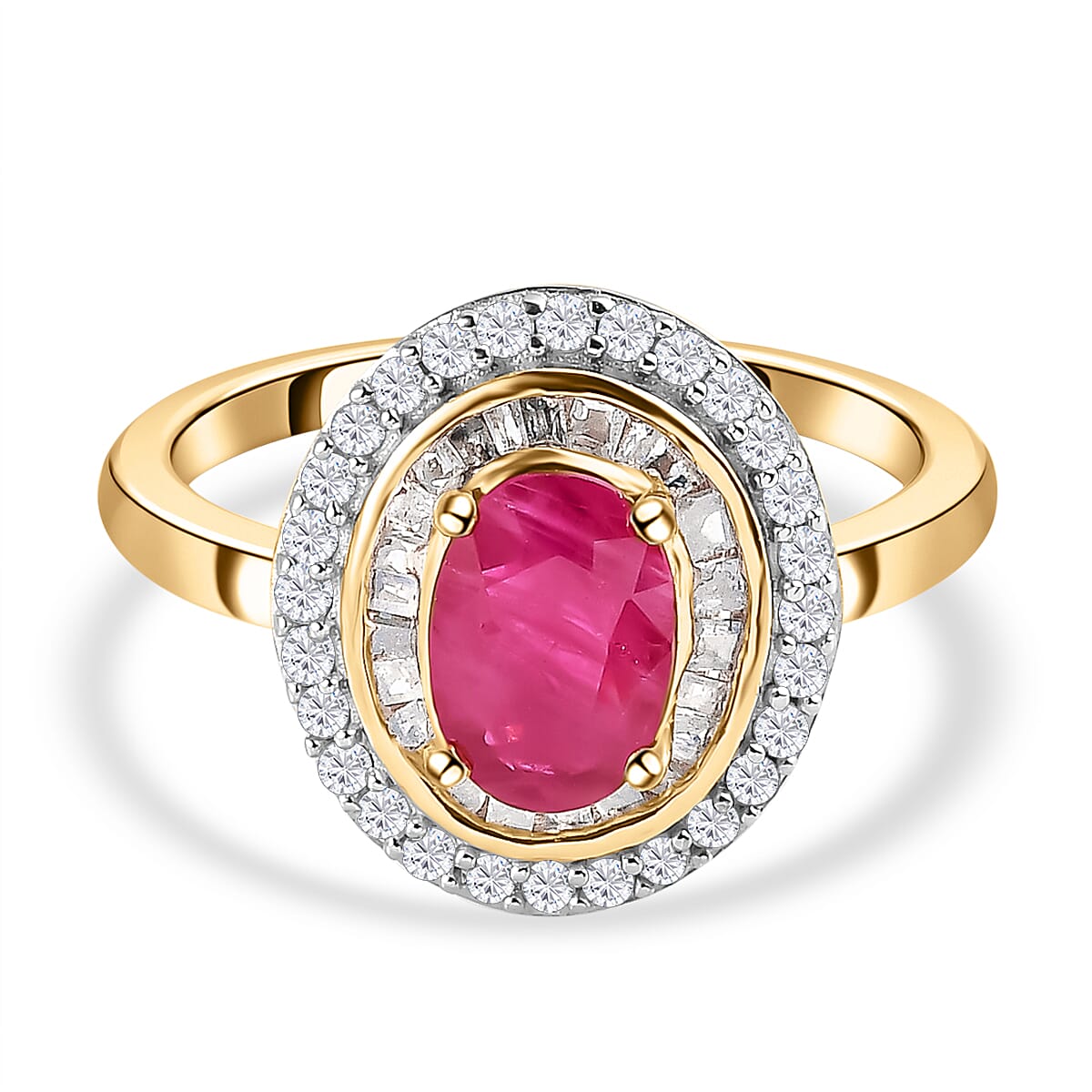 Ruby and Diamond Cluster Ring in 18K Vermeil Yellow Gold Plated Sterling Silver 1.50 Ct.