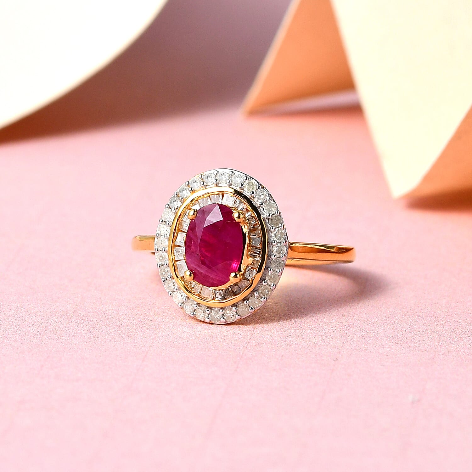 Ruby and Diamond Cluster Ring in 18K Vermeil Yellow Gold Plated Sterling Silver 1.50 Ct.