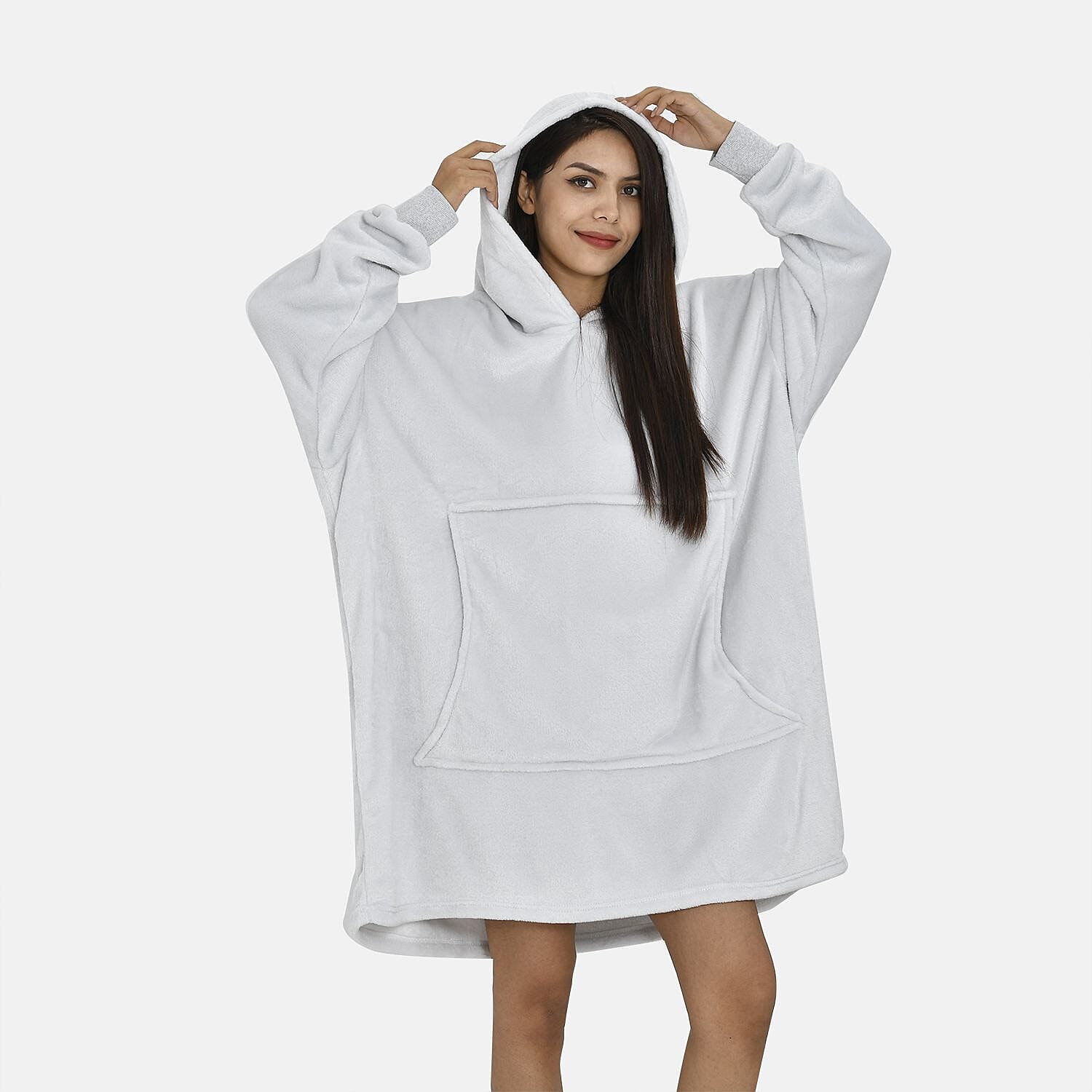 Close Out - Flannel Oversized Hoodie with a Giant Pocket - Light Grey - One Size