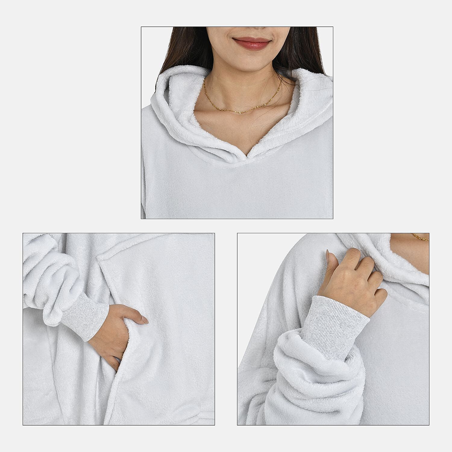 Close Out - Flannel Oversized Hoodie with a Giant Pocket - Light Grey - One Size