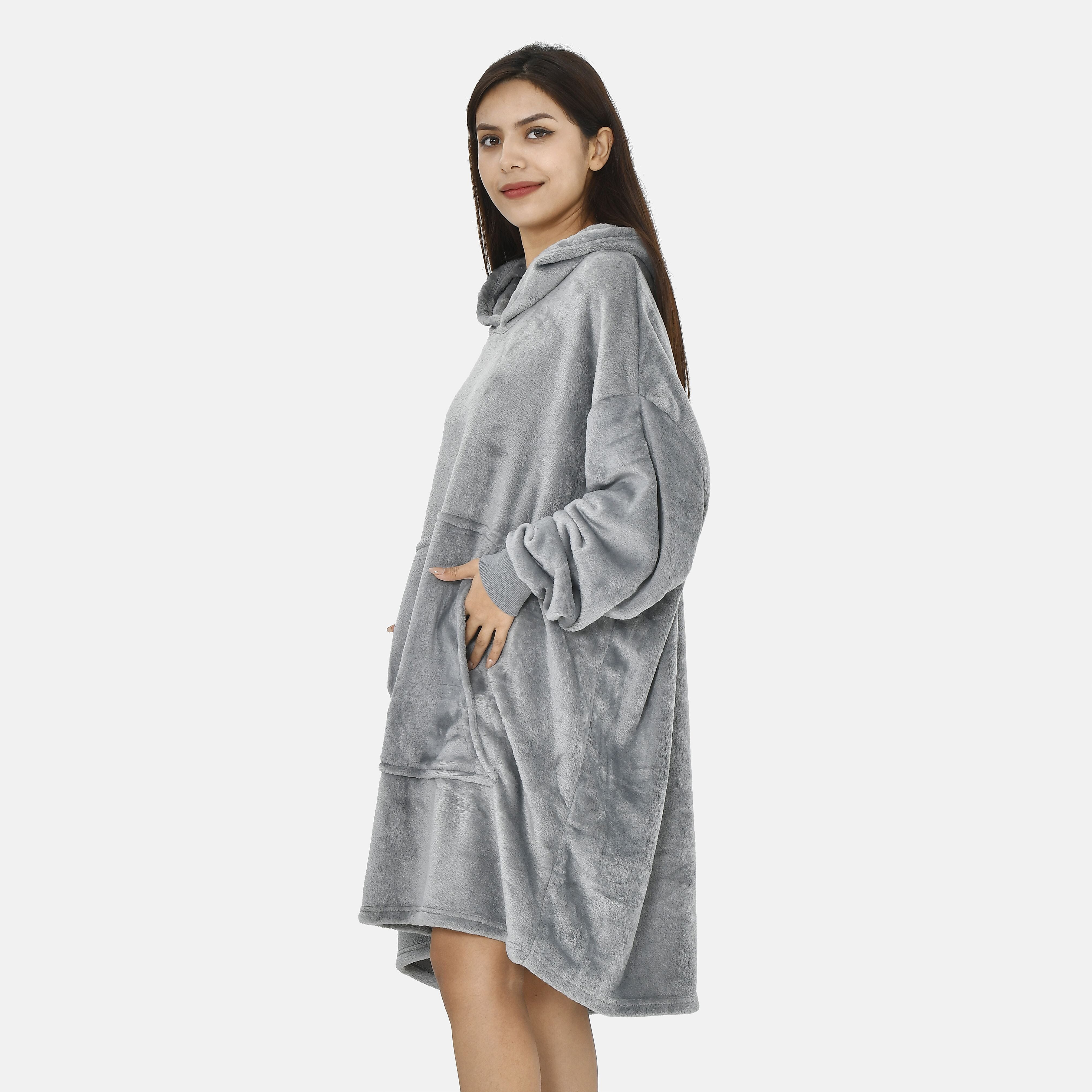 Close Out - Flannel Oversized Hoodie with a Giant Pocket (One Size) - Grey
