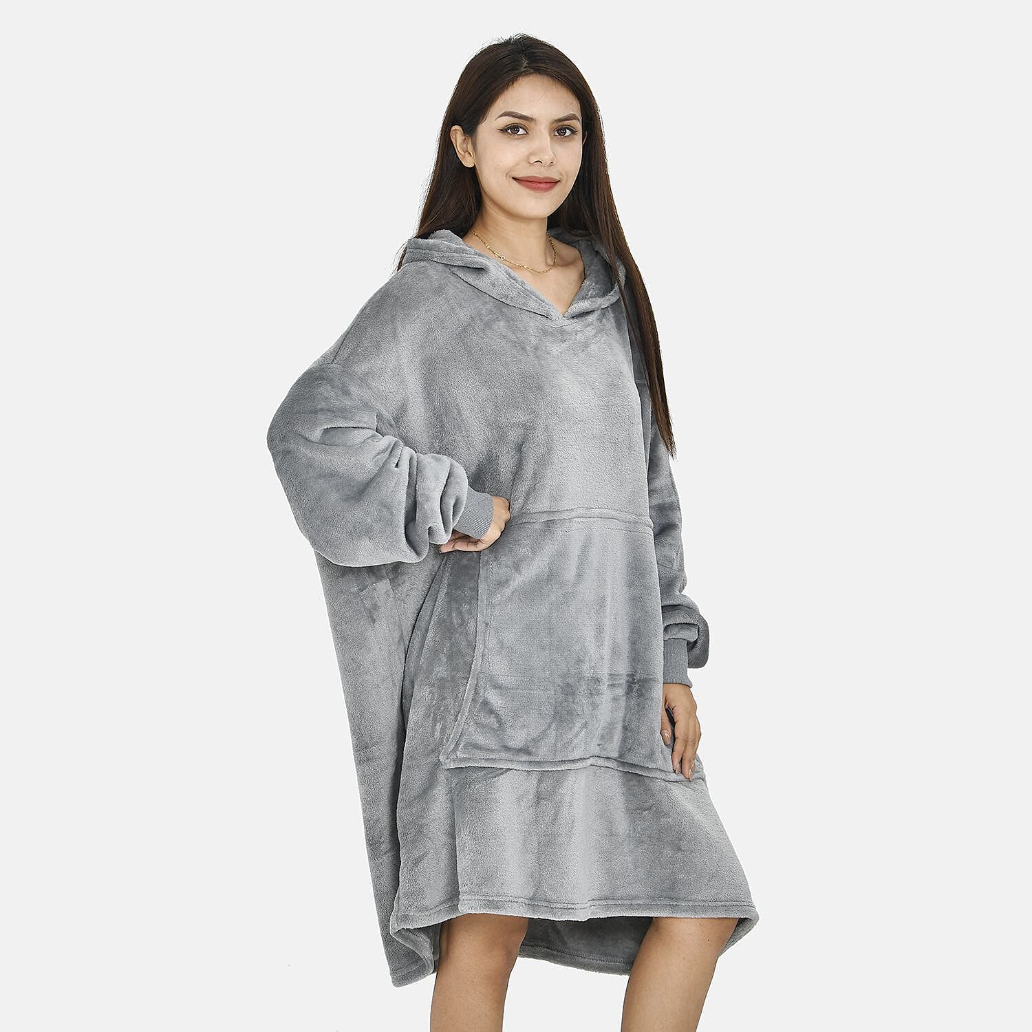 Close Out - Flannel Oversized Hoodie with a Giant Pocket (One Size) - Grey
