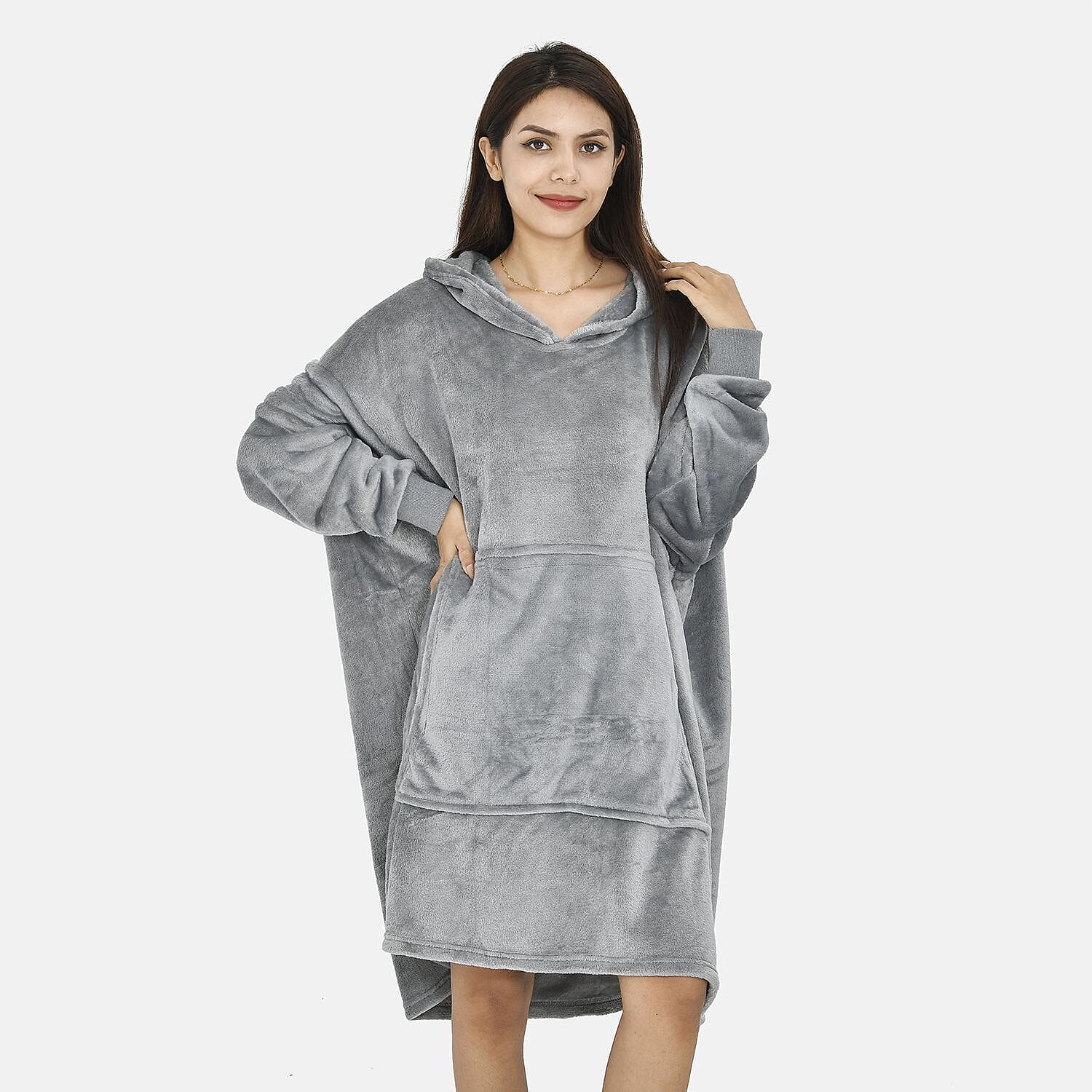 Close Out - Flannel Oversized Hoodie with a Giant Pocket (One Size) - Grey