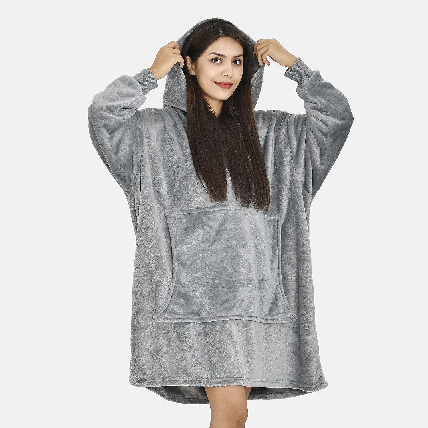 Close Out - Flannel Oversized Hoodie with a Giant Pocket (One Size) - Grey
