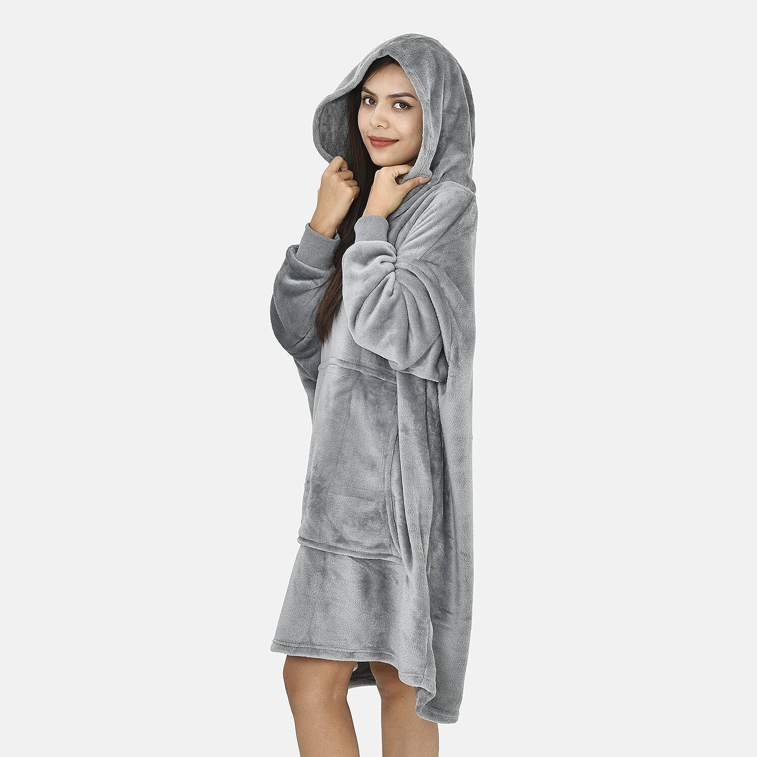 Close Out - Flannel Oversized Hoodie with a Giant Pocket (One Size) - Grey