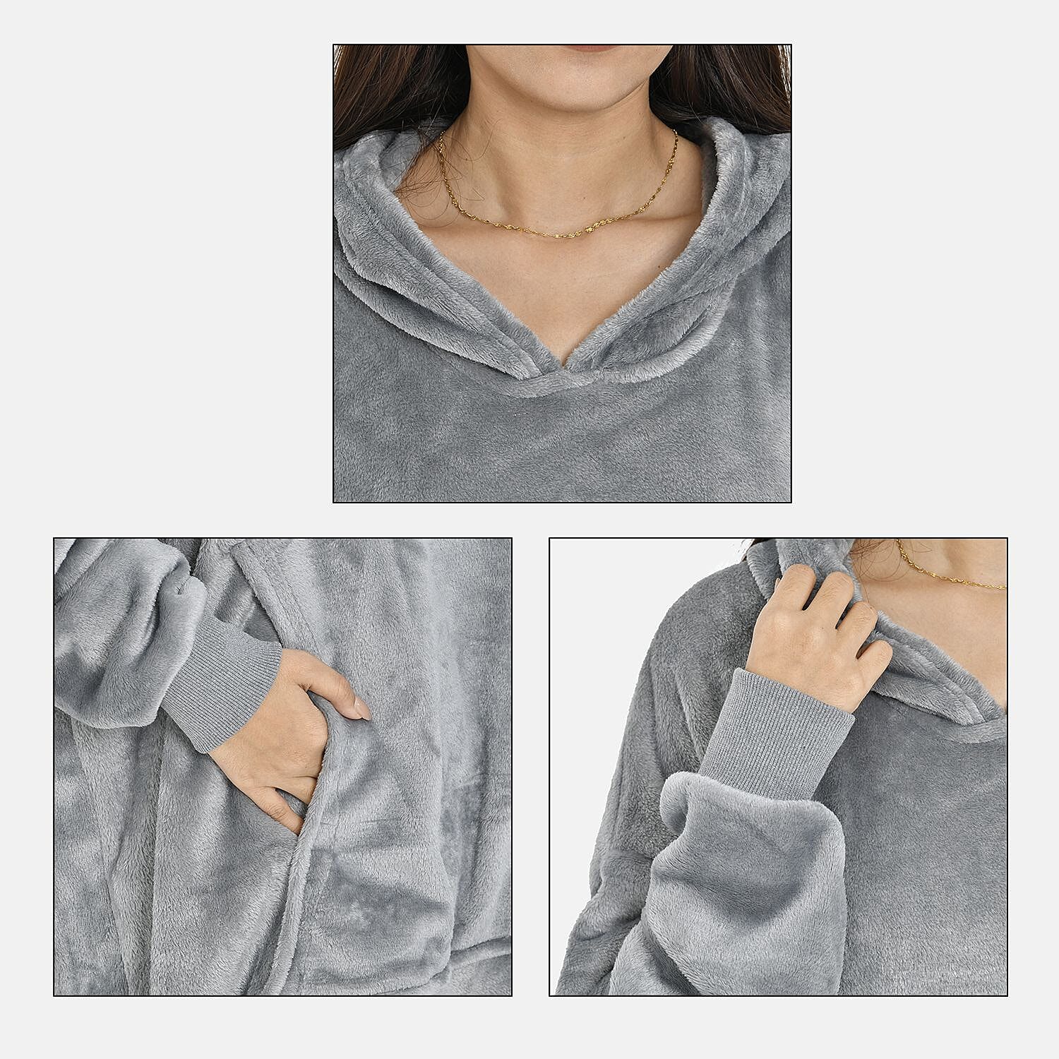 Close Out - Flannel Oversized Hoodie with a Giant Pocket (One Size) - Grey