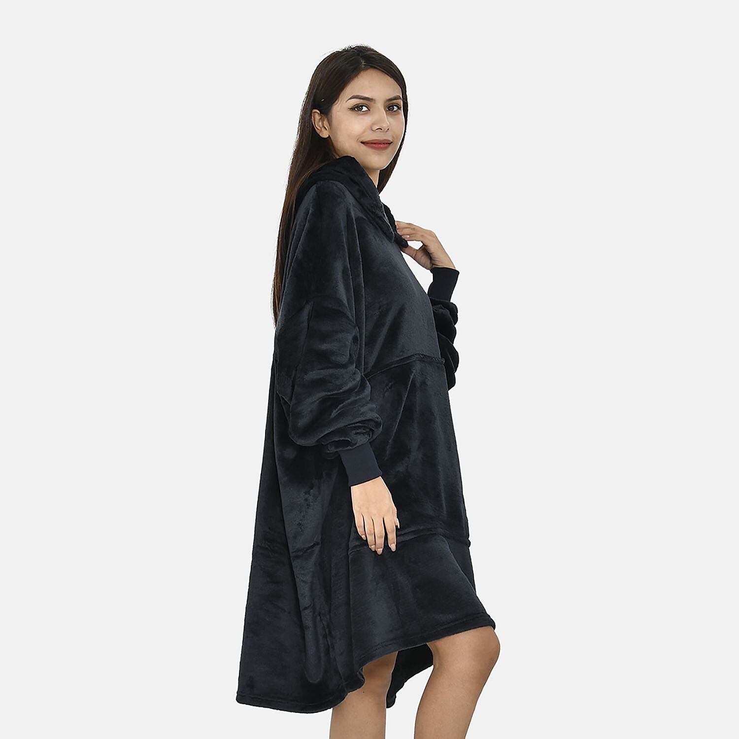 Close Out - Flannel Oversized Hoodie with a Giant Pocket (One Size) - Black