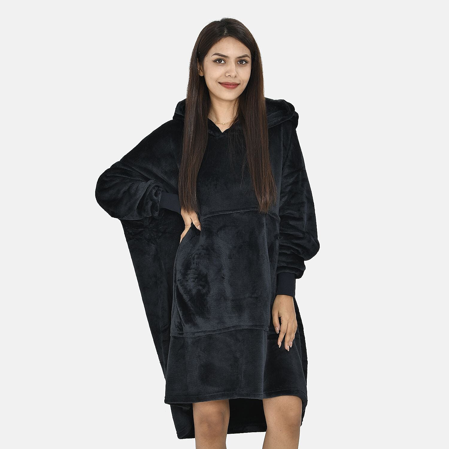 Close Out - Flannel Oversized Hoodie with a Giant Pocket (One Size) - Black