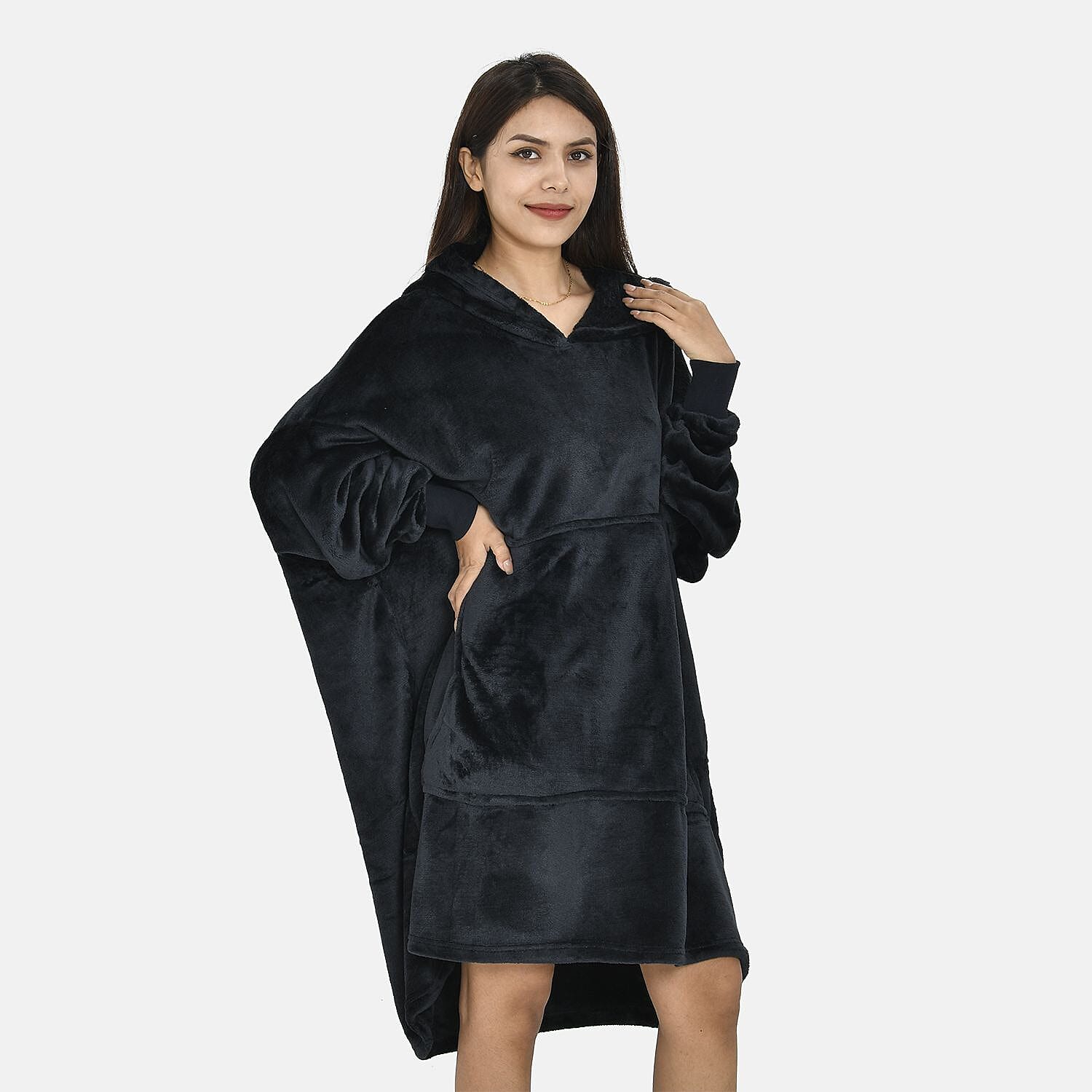 Close Out - Flannel Oversized Hoodie with a Giant Pocket (One Size) - Black