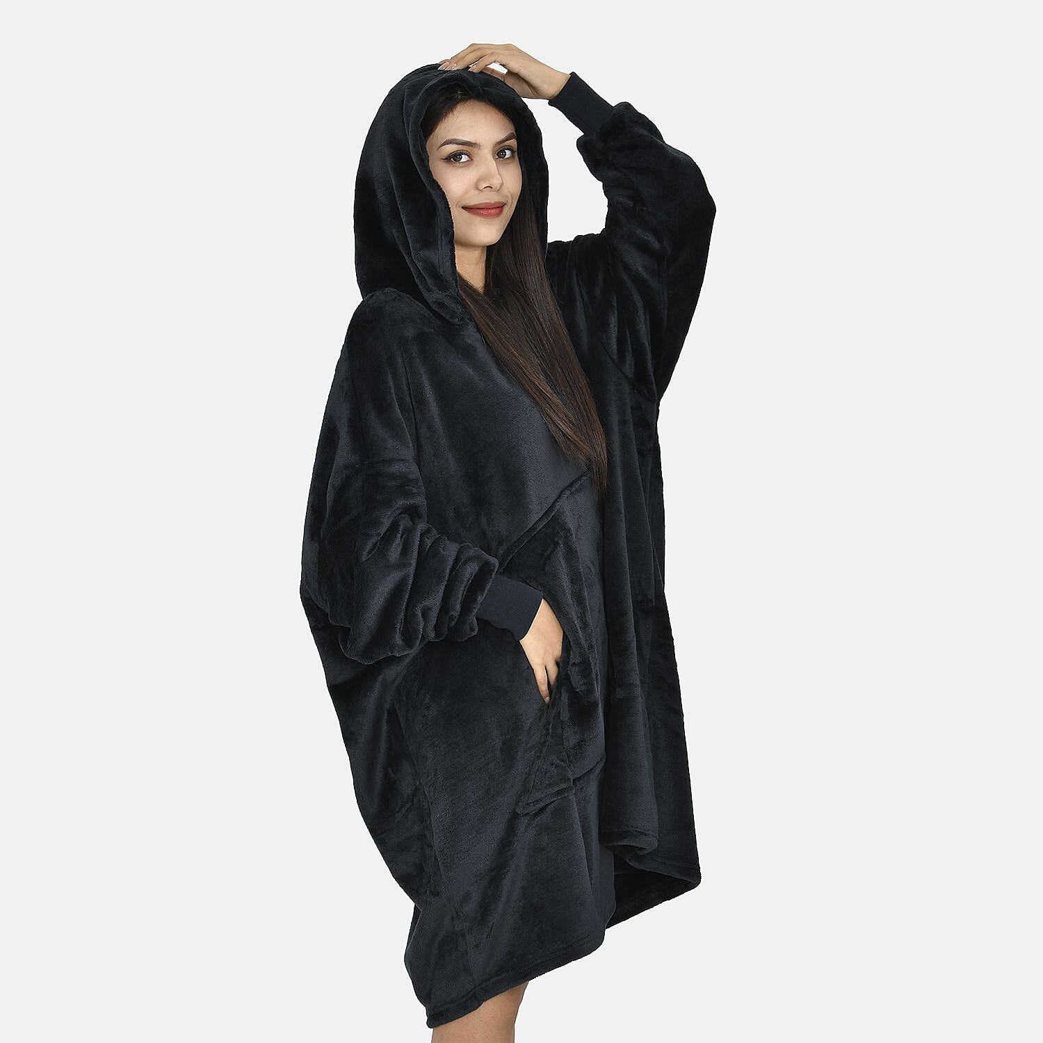 Close Out - Flannel Oversized Hoodie with a Giant Pocket (One Size) - Black