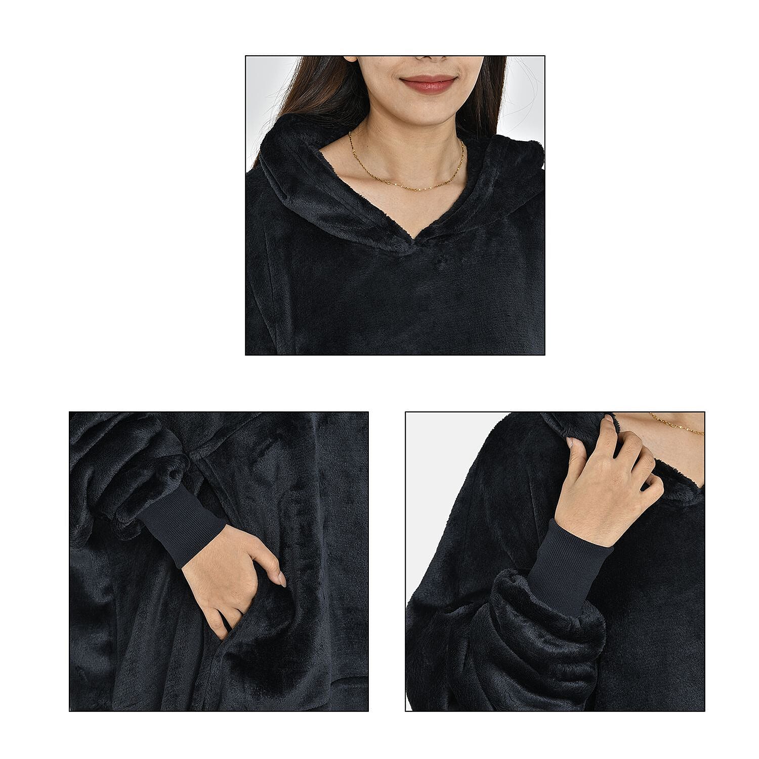 Close Out - Flannel Oversized Hoodie with a Giant Pocket (One Size) - Black