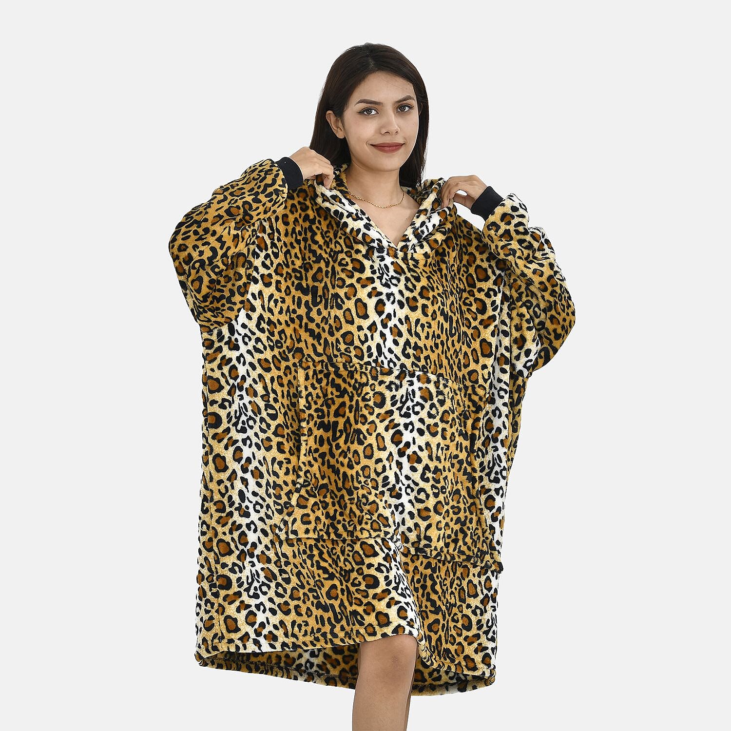 Close Out - Leopard Pattern Flannel Oversized Hoodie with a Giant Pocket (One Size) - Brown