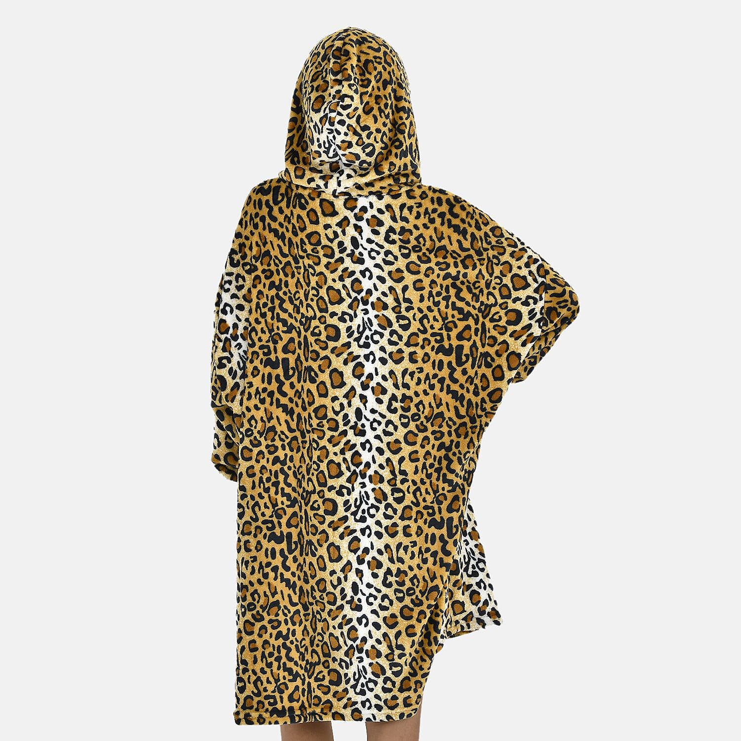 Close Out - Leopard Pattern Flannel Oversized Hoodie with a Giant Pocket (One Size) - Brown