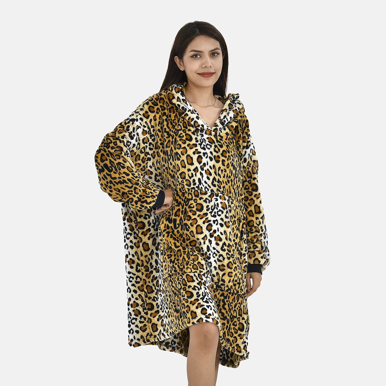 Close Out - Leopard Pattern Flannel Oversized Hoodie with a Giant Pocket (One Size) - Brown
