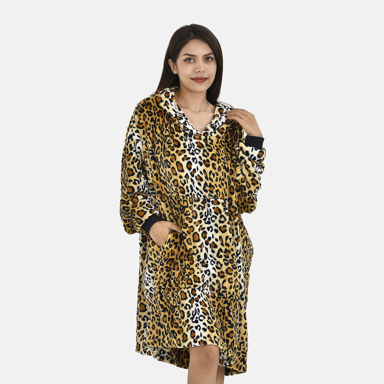 Close Out - Leopard Pattern Flannel Oversized Hoodie with a Giant Pocket (One Size) - Brown