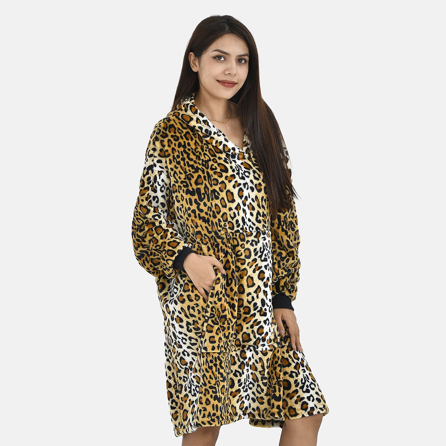 Close Out - Leopard Pattern Flannel Oversized Hoodie with a Giant Pocket (One Size) - Brown