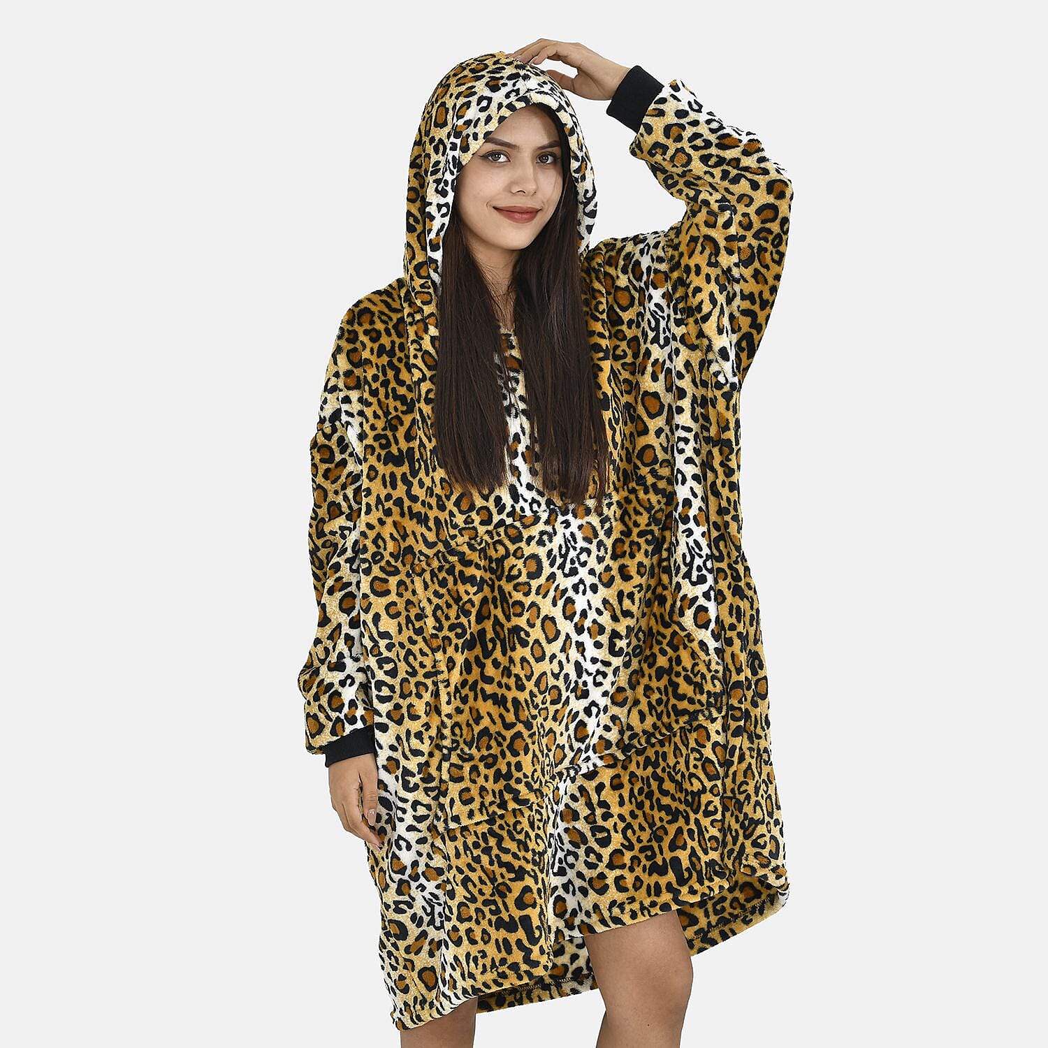Close Out - Leopard Pattern Flannel Oversized Hoodie with a Giant Pocket (One Size) - Brown