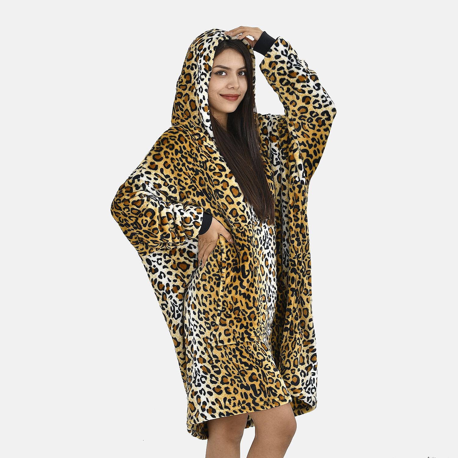 Close Out - Leopard Pattern Flannel Oversized Hoodie with a Giant Pocket (One Size) - Brown