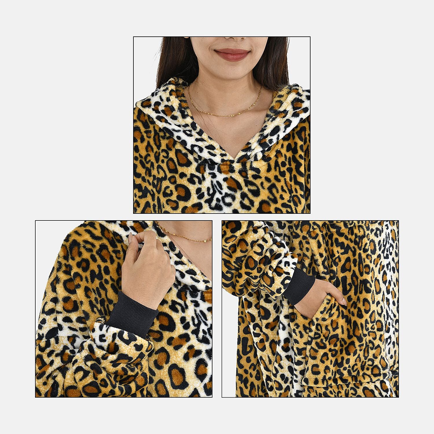 Close Out - Leopard Pattern Flannel Oversized Hoodie with a Giant Pocket (One Size) - Brown
