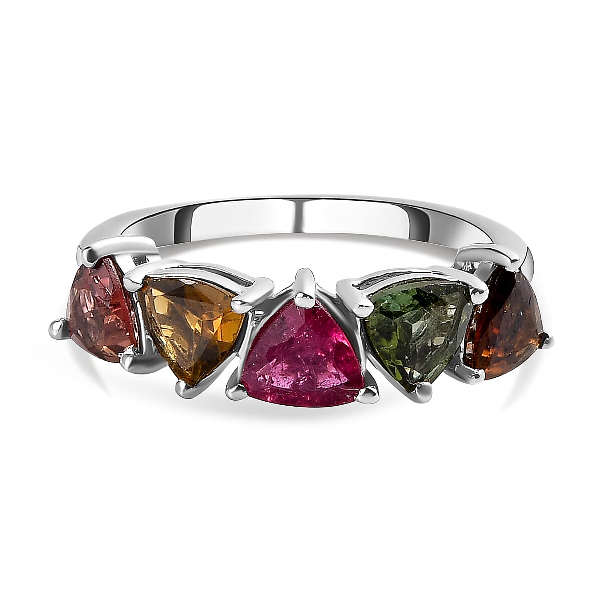 Multi-Tourmaline 5 Stone Ring in Platinum Overlay Sterling Silver 1.80 Ct.