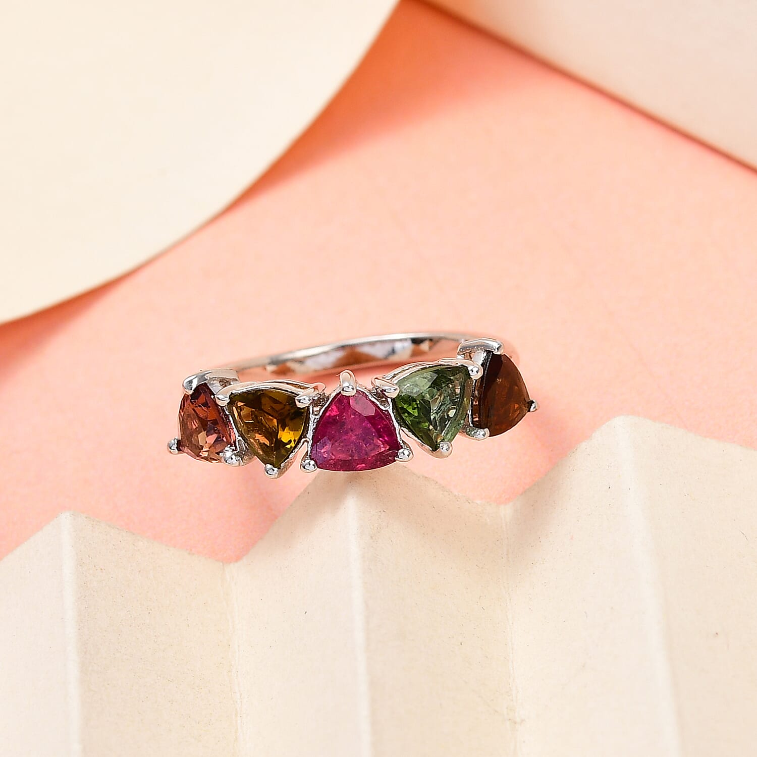 Multi-Tourmaline 5 Stone Ring in Platinum Overlay Sterling Silver 1.80 Ct.