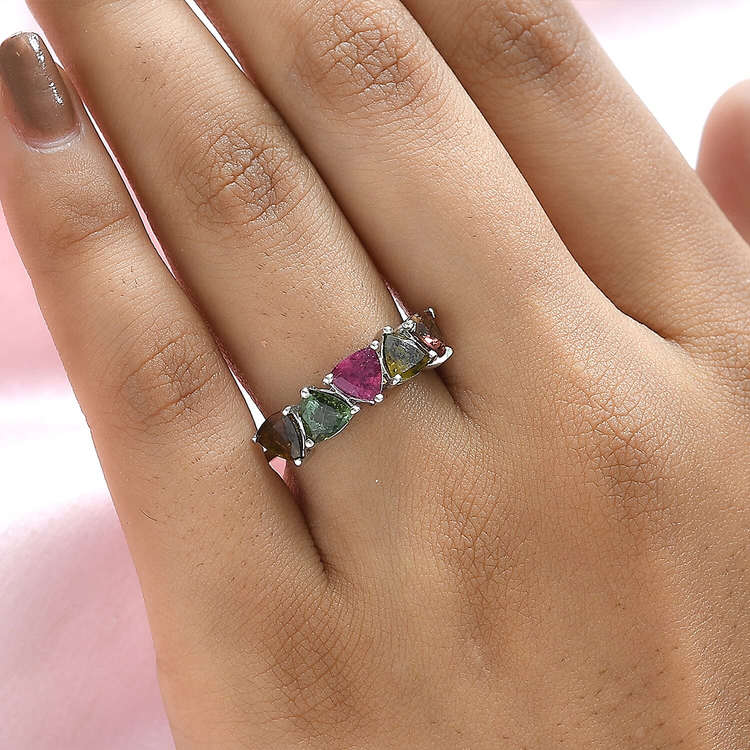 Multi-Tourmaline 5 Stone Ring in Platinum Overlay Sterling Silver 1.80 Ct.