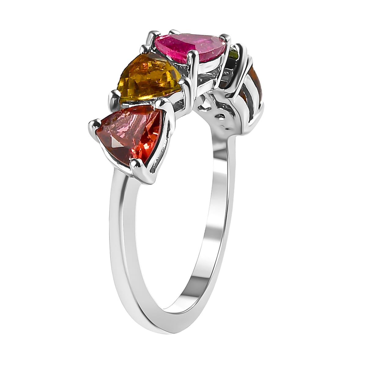Multi-Tourmaline 5 Stone Ring in Platinum Overlay Sterling Silver 1.80 Ct.
