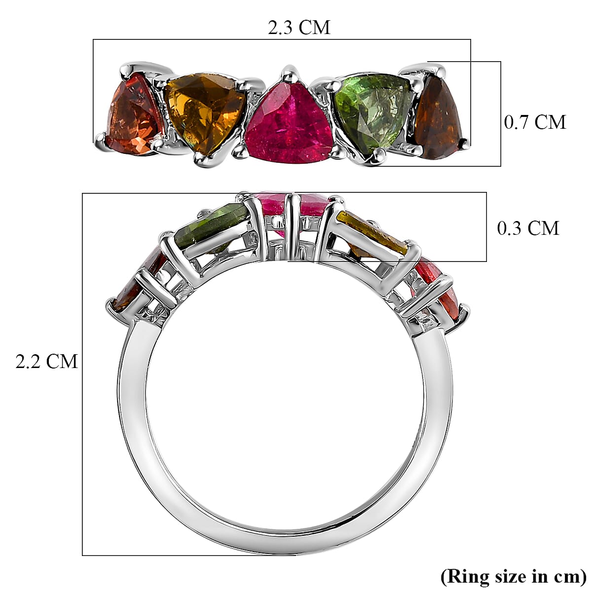 Multi-Tourmaline 5 Stone Ring in Platinum Overlay Sterling Silver 1.80 Ct.