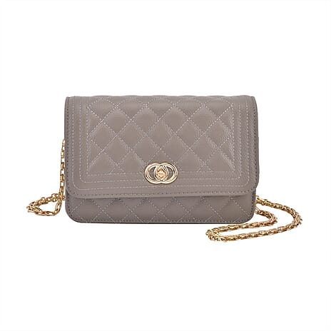 Genuine Leather Couture Quilted Diamond Pattern Shoulder Bag with Panther Link Strap - Light Grey