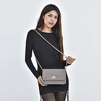 Closeout Deal - Genuine Leather Quilted Diamond Pattern Shoulder Bag with Panther Link Strap - Light Grey