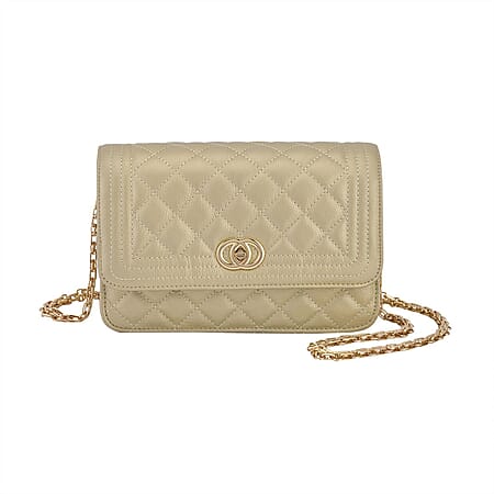 Closeout Deal - Genuine Leather Quilted Diamond Pattern Shoulder Bag with Panther Link Strap - Gold