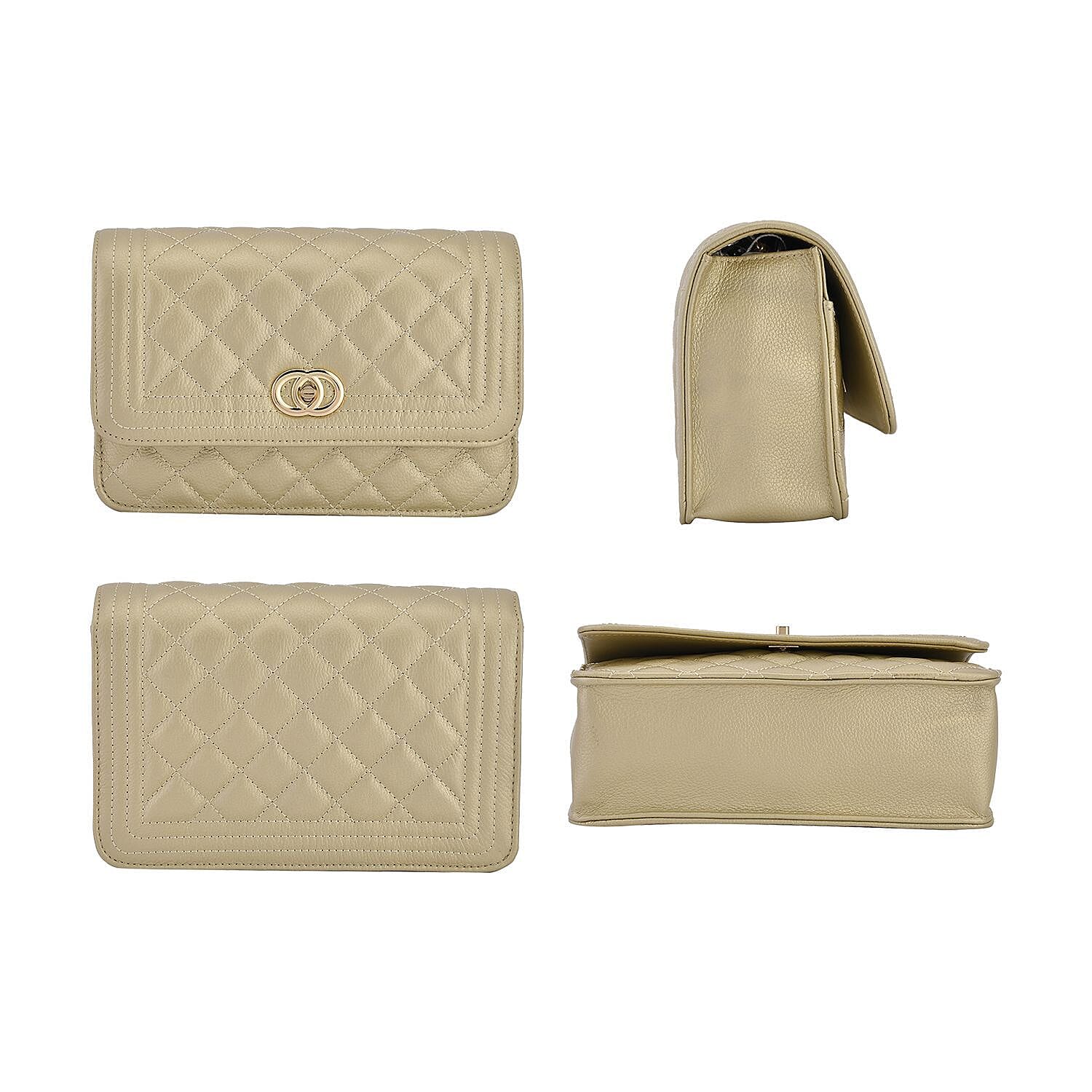 Genuine Leather Couture Quilted Diamond Pattern Shoulder Bag with Panther Link Strap - Gold