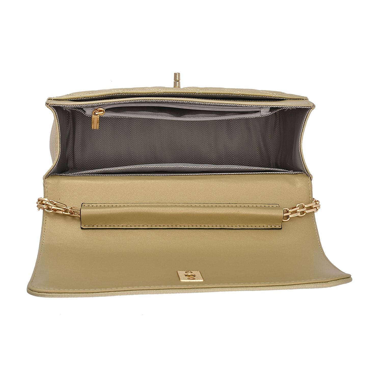 Genuine Leather Couture Quilted Diamond Pattern Shoulder Bag with Panther Link Strap - Gold