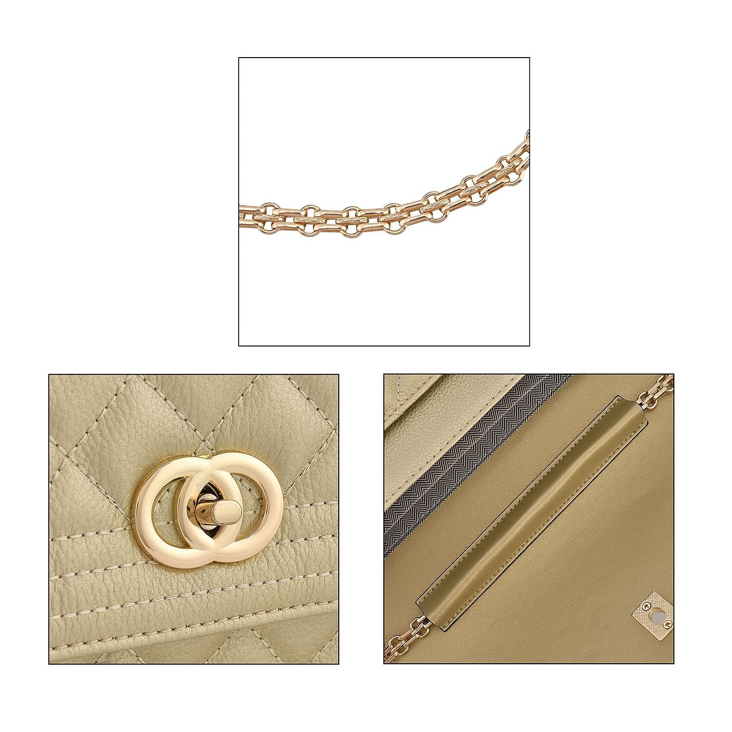 Genuine Leather Couture Quilted Diamond Pattern Shoulder Bag with Panther Link Strap - Gold